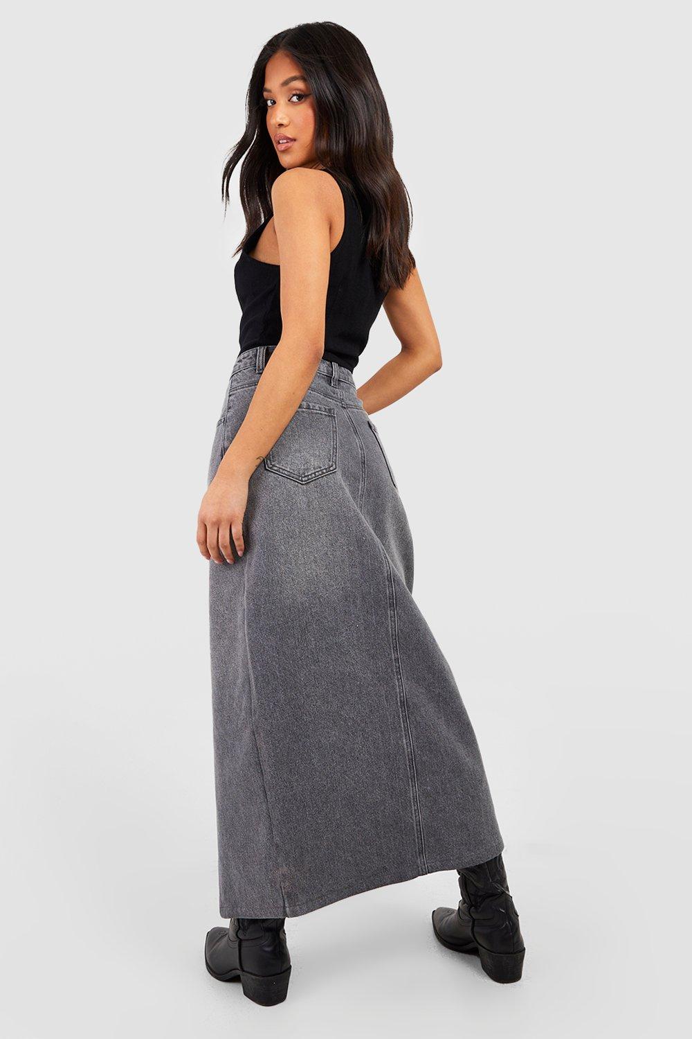 Women s Petite Split Front Denim Maxi Skirt Boohoo UK